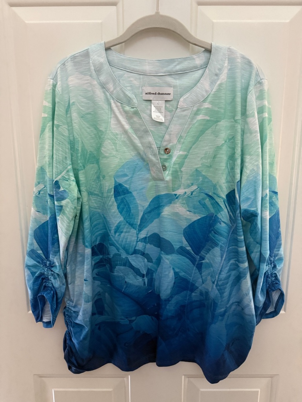 Alfred Dunner Blue Aqua Ombre Henley Tunic with Leaf Motif
